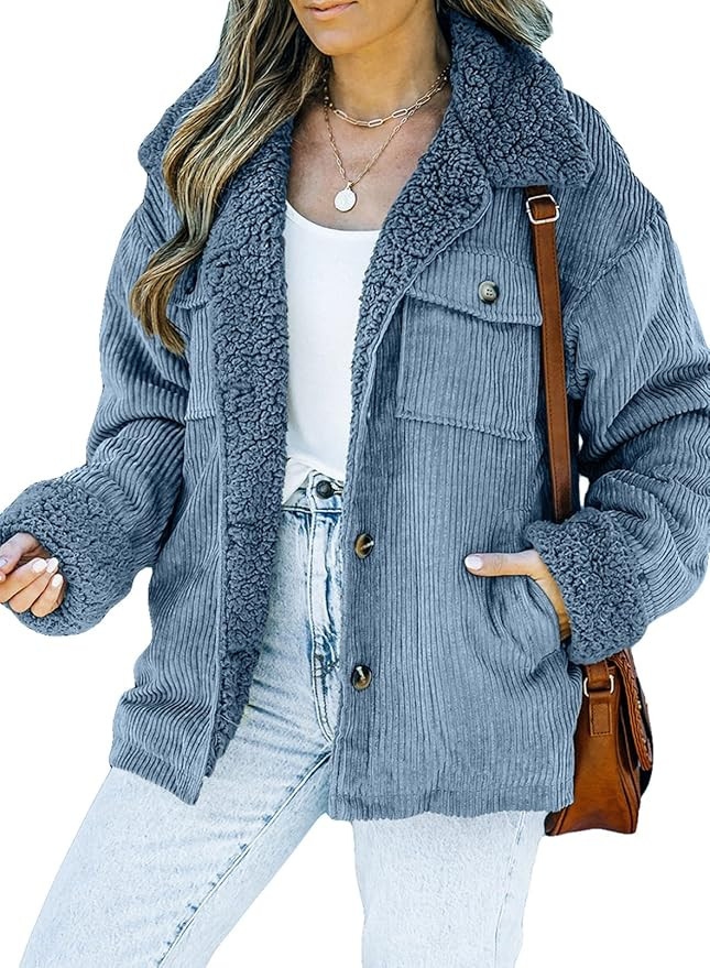 Dokotoo Corduroy Sherpa Jacket for Women Button Down Fleece Fur Collar Winter Warm Coat | Amazon (US)