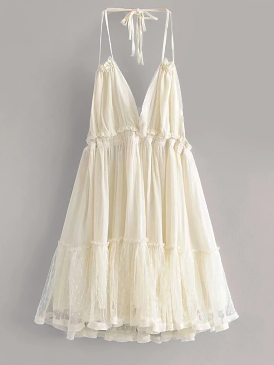 BELROSIE Dobby Mesh Self-Tie Ruffled Halter Dress | SHEIN