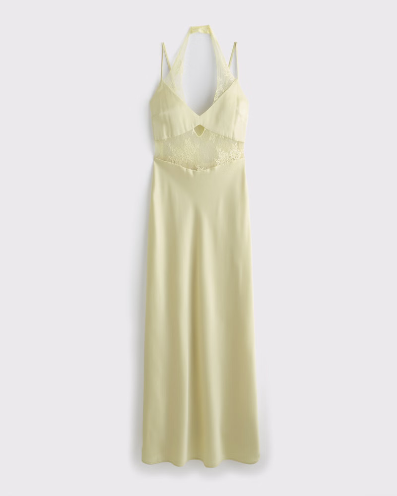 Abercrombie & Fitch Women's The A&F Julia Slip Lace Halter Maxi Dress in Pastel Yellow - Size L | Abercrombie & Fitch (US)