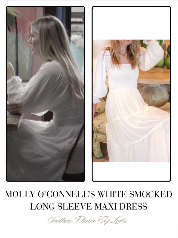 Molly O'Connell's White Smocked Long Sleeve Maxi Dress  

 