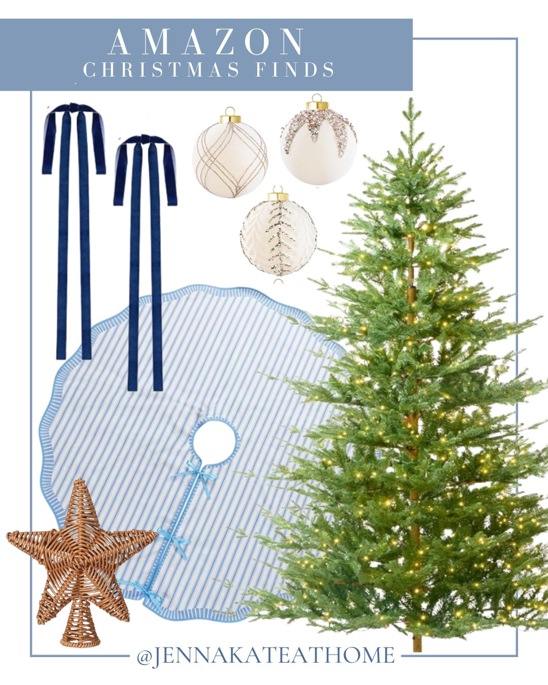 Amazon Christmas finds include blue ribbon, ornaments, Christmas tree, tree skirt, and rattan tree Star.

Christmas decor, Christmas tree decor, coastal Christmas 

#LTKSeasonal #LTKFindsUnder50 #LTKHoliday
