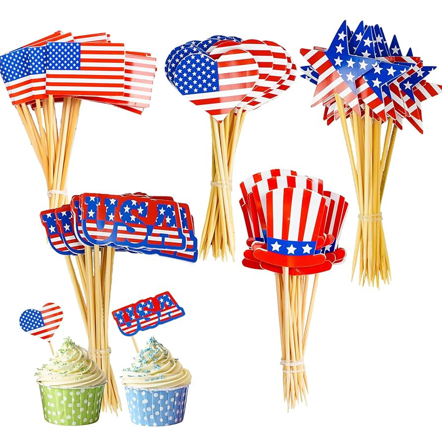 Uptotop 100 Pcs USA American Flag US Toothpick Flags, Mini Stick Cupcake Toppers, 4th of July, Ve... | Amazon (US)
