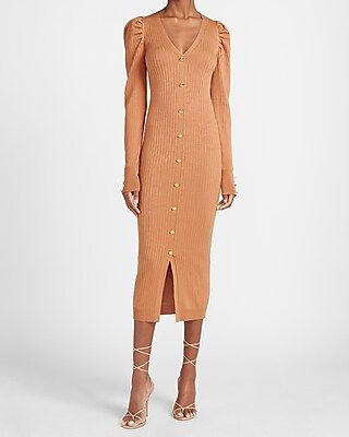 Ribbed Puff Sleeve Button Front Sweater Dress | Express