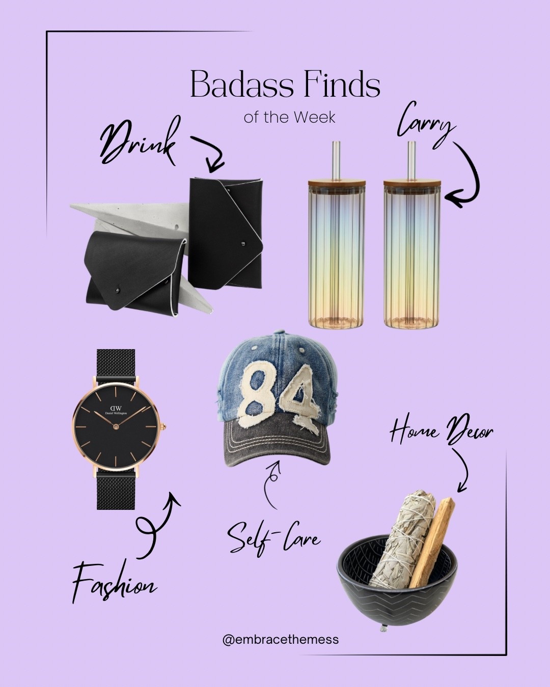 This week’s Badass Finds are about self-trust, clarity, and aligned choices, not noise.

✨ Minimal leather pouch: structure for chaotic days
✨ Glass gradient radient tumblers : hydrate = think clearly
✨ Classic black Danie Wellington watch: timeless, grounded energy
✨ Vintage baseball cap:  effortless cool for messy days
✨ Sage + palo santo set: reset your space, protect your peace

Letters From The Mess is where fashion, mindset, and real-life sanity meet.
Everything linked here.

#LTKdayinmylife #LTKselfcare