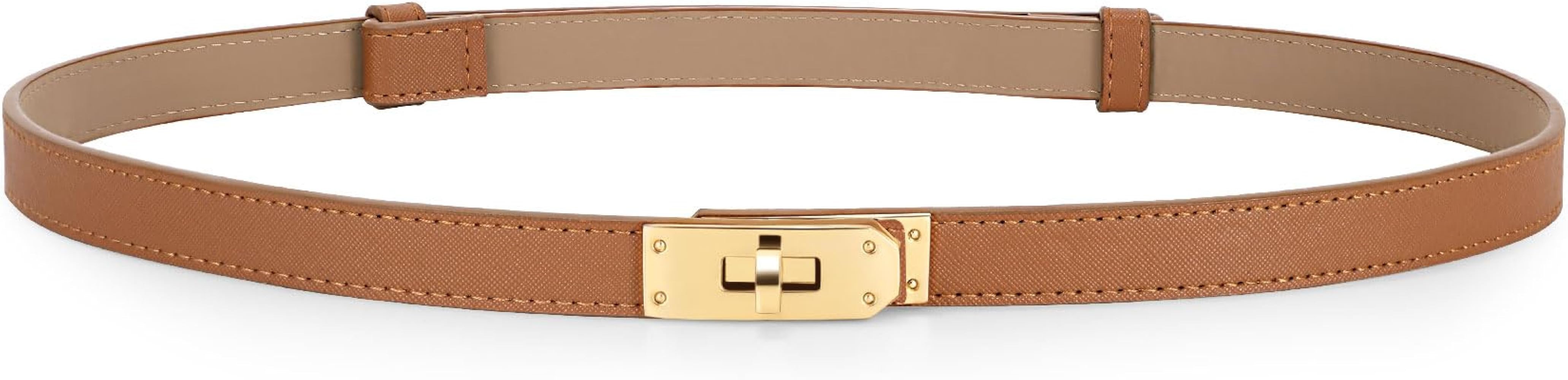 Women Brown Skinny Leather Belt Solid Color Adjustable Thin Belt Alloy Turn Lock For Jeans Dresse... | Amazon (US)