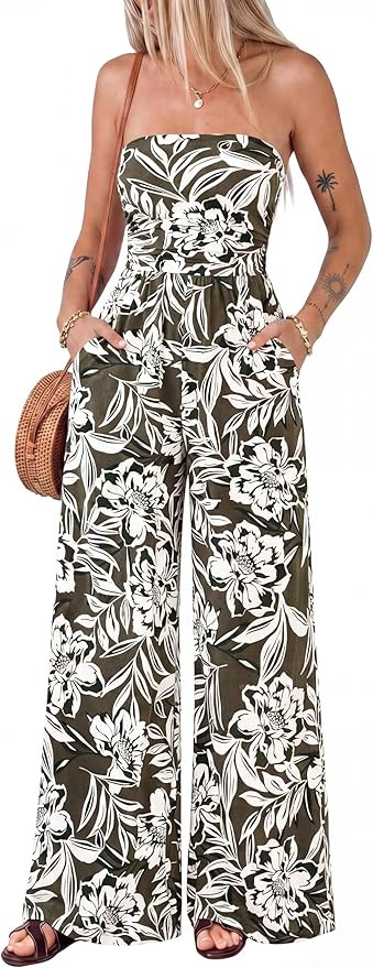 BTFBM Jumpsuits For Women Casual 2026 Floral Strapless Jumpsuit Wide Leg Rompers Beach Vacation C... | Amazon (US)