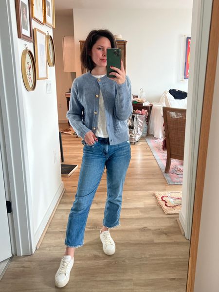Casual spring jeans outfit, ankle length jeans, cardigan outfit, white sneakers, petite, over 30, work from home, white tee

#LTKfindsunder100 #LTKfindsunder50 #LTKstyletip