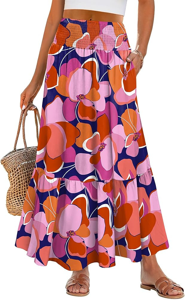 ANRABESS Women Boho Floral Maxi Skirts, High Waisted Tiered Skirt, Flowy Beach Skirts with Pocket... | Amazon (US)