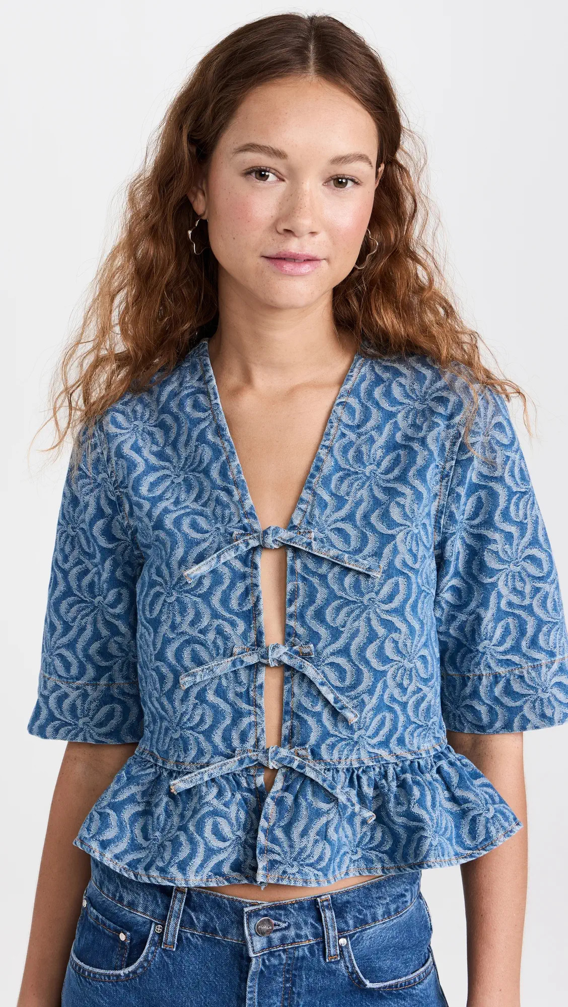 Jacquard Denim Flounce Tie Blouse | Shopbop