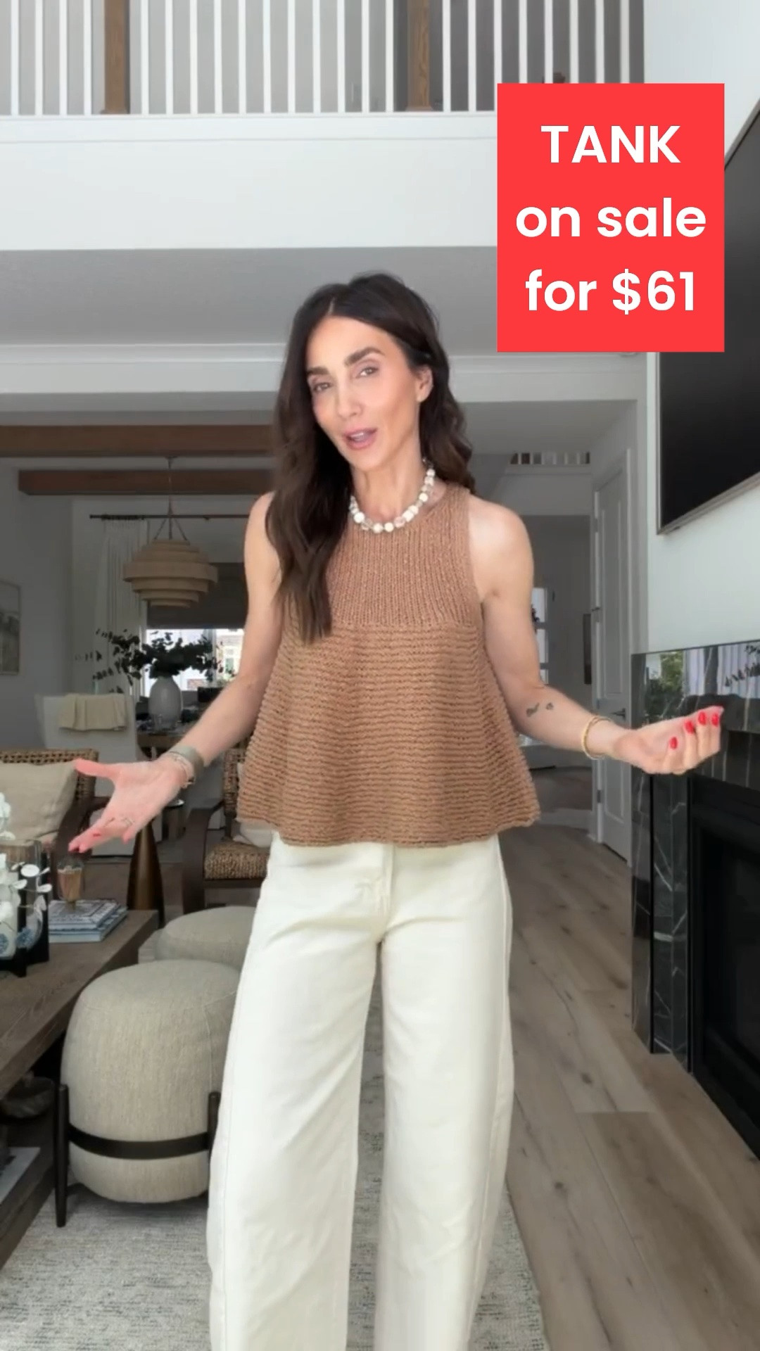 I'm wearing size XS in tank, everything fit tts.

brown knit tank, white pants outfit, casual summer outfit, vacation ready look, breezy summer style, coastal chic, resort wear, brunch outfit, summer neutrals, effortless style