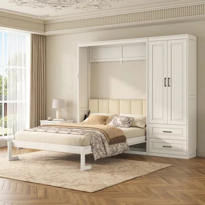Murphy Bed with Storage Wardrobe and Drawers,Upholstered Headboard | Wayfair North America