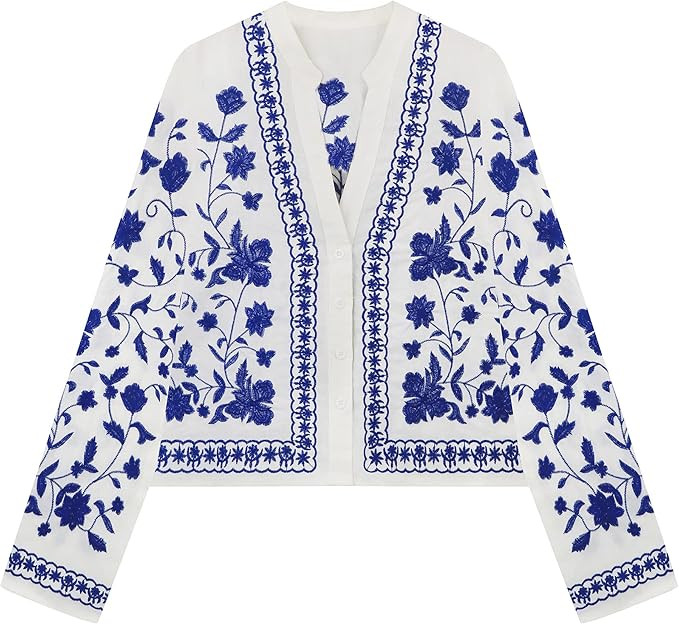 R.Vivimos Women's Summer Fall Cotton Long Sleeves Button Down Floral Embroidery Casual V-Neck Coa... | Amazon (US)