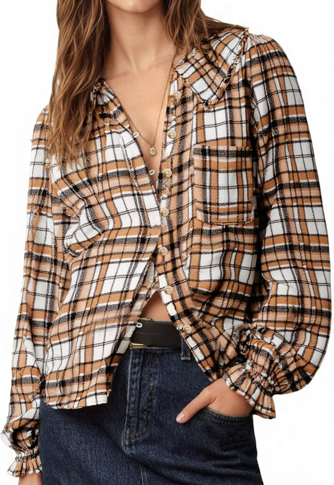 Tankaneo Womens Peter Pan Collar Button Down Shirts Long Sleeve Plaid Blouse Dressy Casual Fall T... | Amazon (US)
