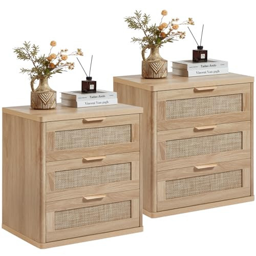 LEYAOYAO Rattan Night Stand Set of 2 with Drawers, 23" Large 3 Drawer Boho Nightstand, Natural Wood Bedside Table Storage Cabinet, Bed Side End Tables Dresser for Bedroom, Living Room, Hallway, Closet | Amazon (US)