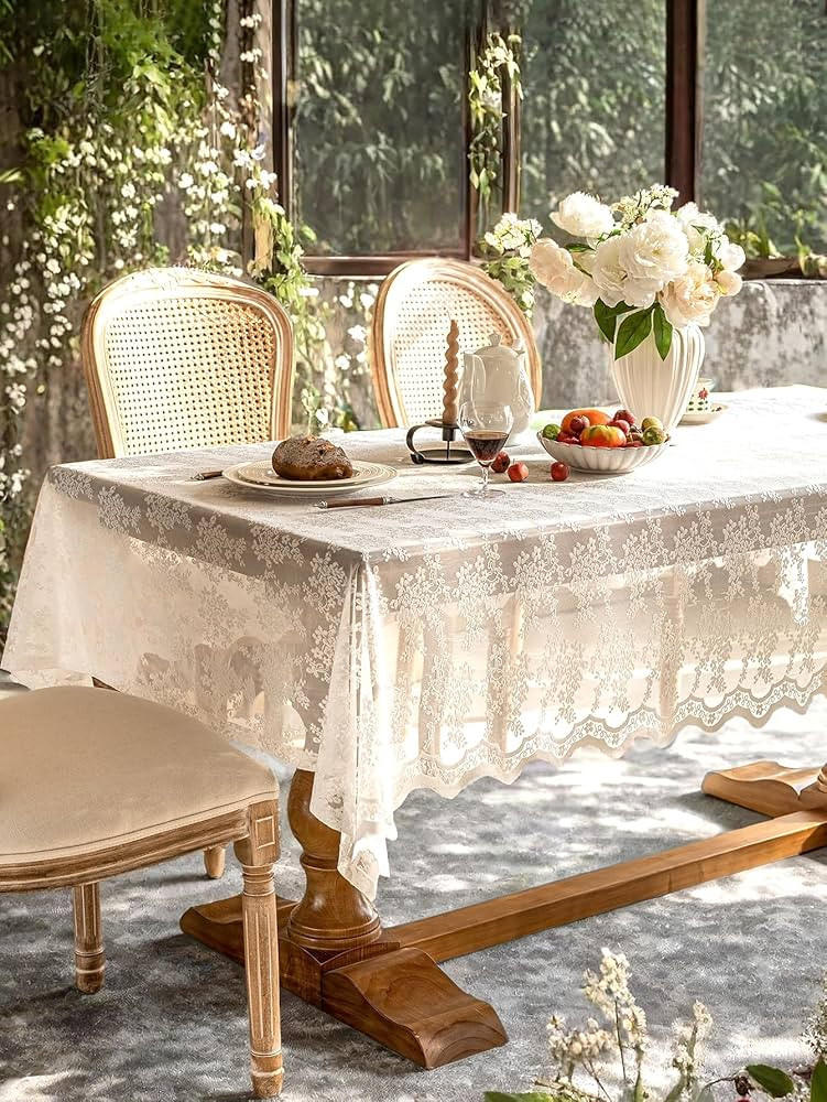 Lace Tablecloth Exquisite Embroidery Floral, Table Cloth Rectangle Table with Wavy Openwork,Table... | Amazon (US)