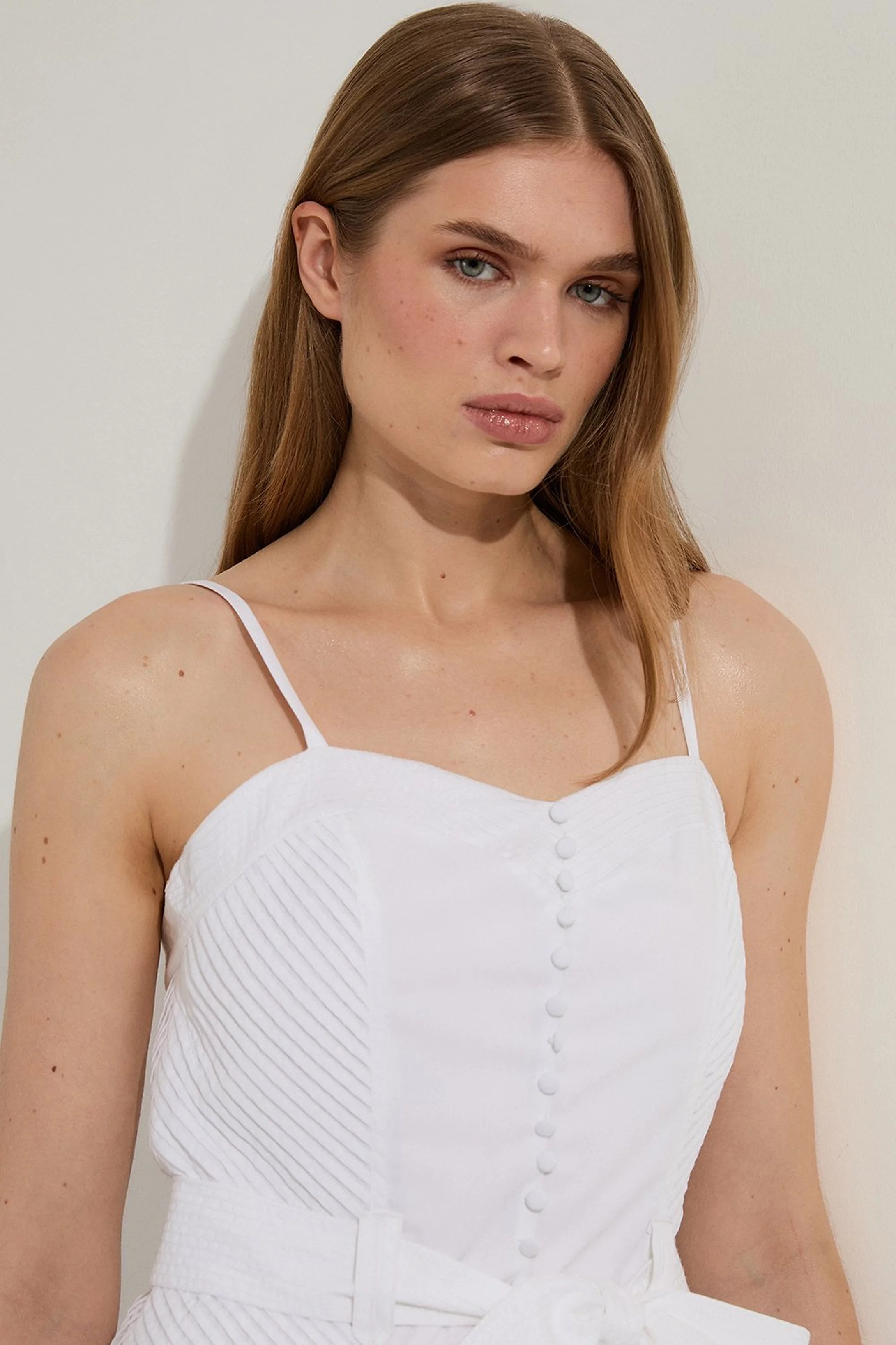 Petite Cotton Top Stitch Dropped Waist Woven Strappy Midi Dress | Karen Millen | Karen Millen UK + IE + DE + NL