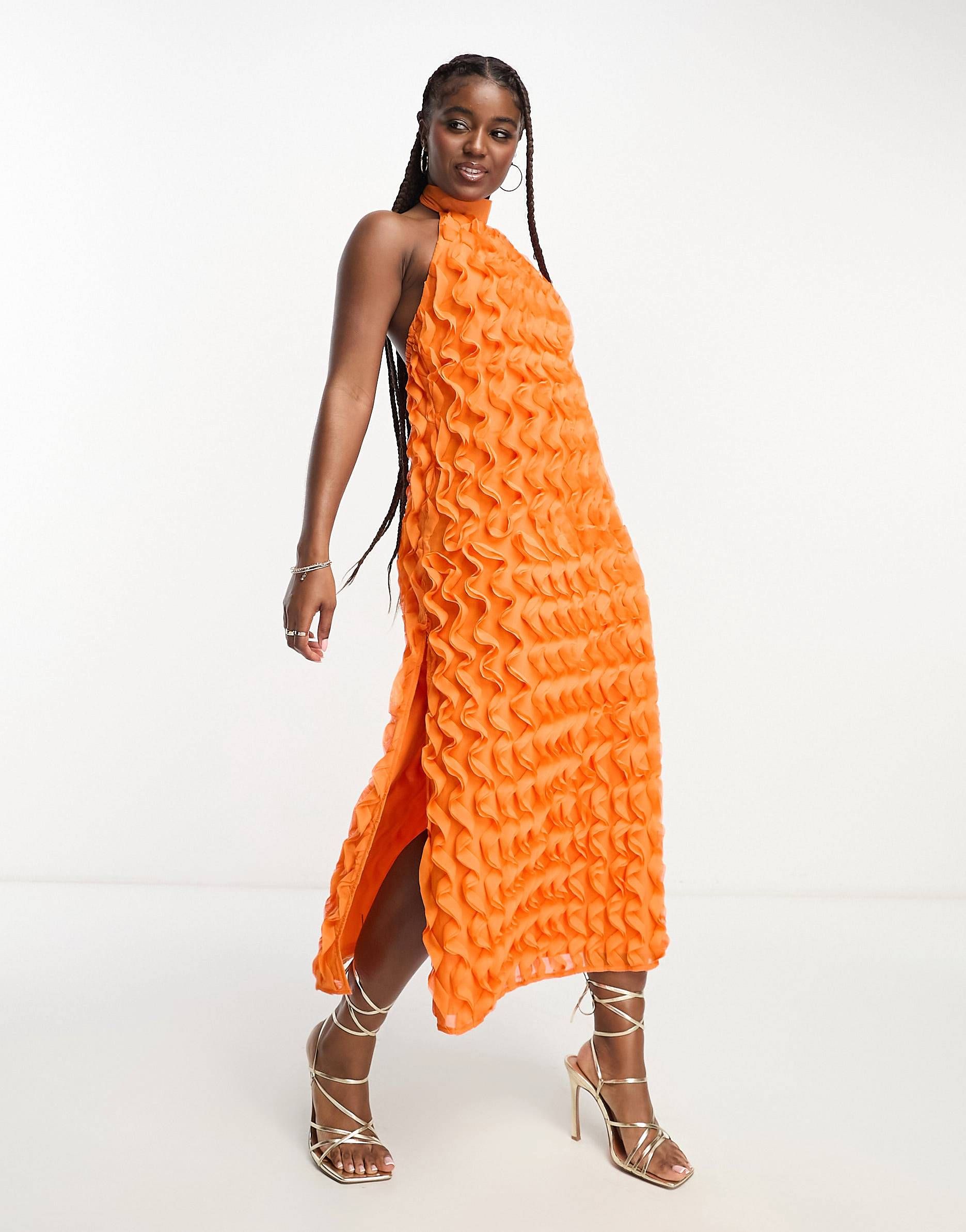 Miss Selfridge textured ruffle occasion halter maxi dress in orange | ASOS | ASOS (Global)