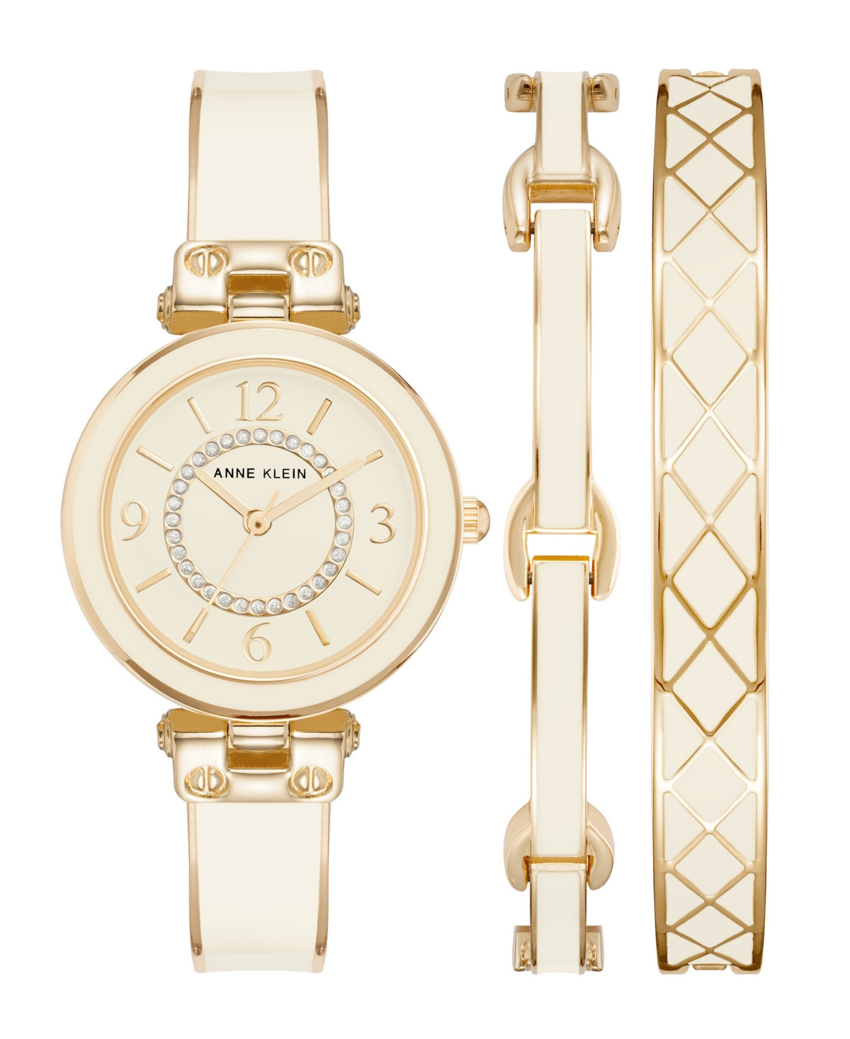 Anne Klein Women's Gold-Tone Alloy Bangle with White Enamel and Crystal Accents Fashion Watch 33mm Set 3 Pieces - Gold-Tone, White | Macy's