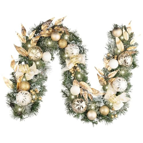 Valery Madelyn 6 Feet Pre-Lit Christmas Garland with Light for Mantle, Lighted Outdoor Xmas Garland with White Gold Ball Ribbon for Home Stairs Fireplace Table Centerpiece Indoor Holiday Party Decor | Amazon (US)