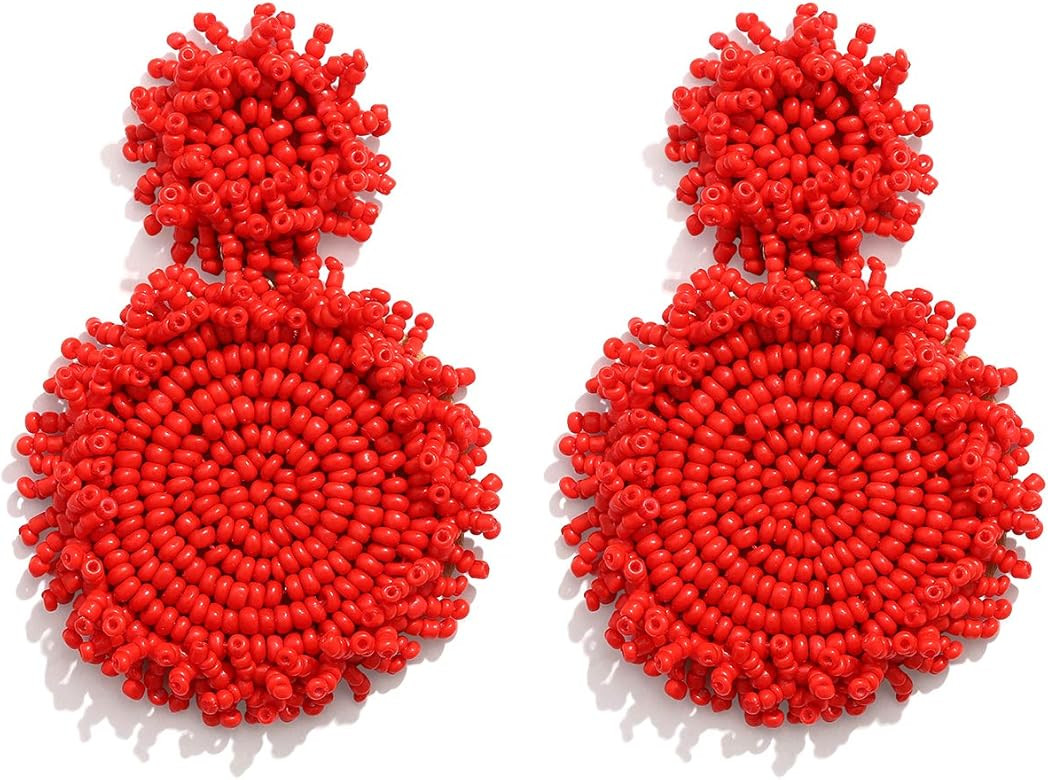 Statement Drop Earrings Double Round Disk Seed Bead Stud Earrings Bohemian Beaded Round Earring F... | Amazon (US)
