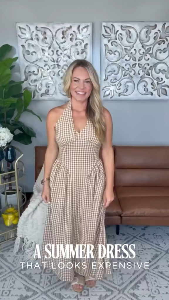 This is one of those dresses that looks far more expensive than it is. The halter neckline, defined waist and fuller skirt give it such a beautiful shape, and the neutral gingham will carry right into early fall.

Gingham dress, halter dress, summer dress, neutral dress, midi dress, feminine style, summer event dress, transitional fashion, fall transition outfit, elevated style, AudrieDollins

#LTKootd #LTKSeasonal #LTKOver40