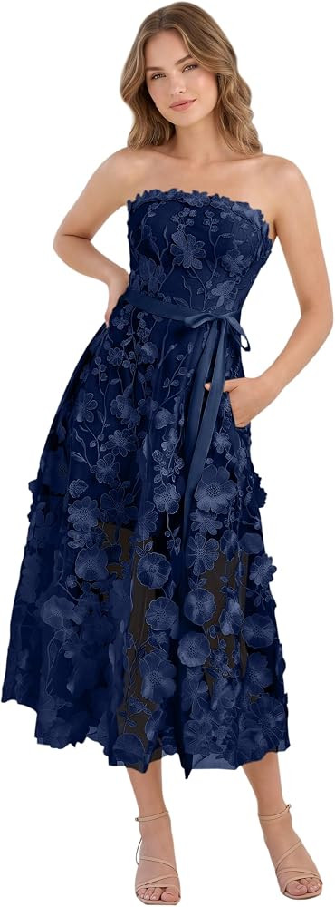 3D Floral Prom Dress Strapless Flower Appliques Formal Dresses Tea Length Wedding Guest Gown with... | Amazon (US)