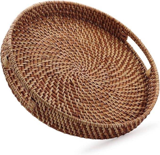 Round Rattan Woven Serving Tray with Handles Ottoman Tray for Breakfast, Drinks, Snacks for Coffe... | Amazon (US)