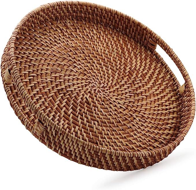 Round Rattan Woven Serving Tray with Handles Ottoman Tray for Breakfast, Drinks, Snack for Coffee... | Amazon (US)