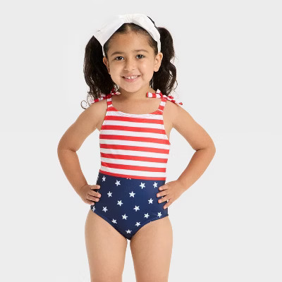 Toddler Girls' Stars and Stripes 4th of July One Piece Swimsuit with Bows - Cat & Jack™ | Target