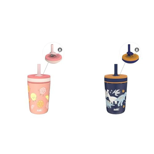Zak Designs 12oz Vacuum Insulated Stainless Steel Leak-Proof Straw Tumbler Bundle - Happy Fruit and Zaksaurus Prints | Amazon (US)