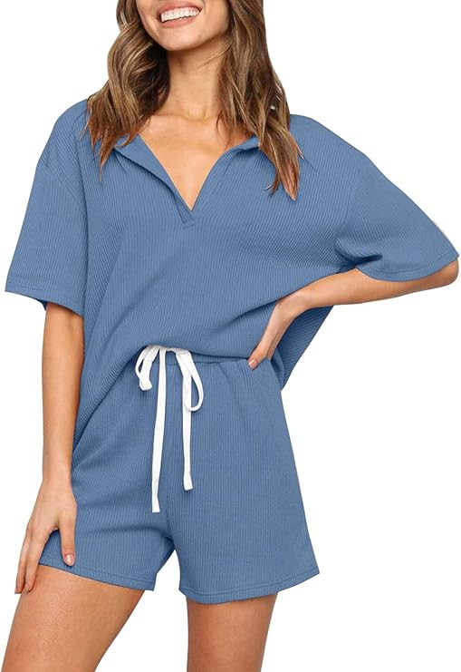 ZESICA Women's Ribbed Knit Pajama Sets Short Sleeve Top and Shorts Two Piece Sleepwear Sweatsuit ... | Amazon (US)