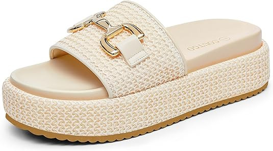 Coutgo Womens Platform Sandals Raffia Espadrilles Metal Chain Slip on Open Toe Cute Beach Slide S... | Amazon (US)