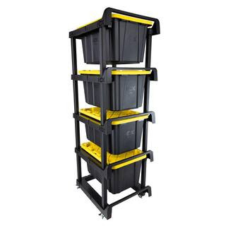 4 Tier Plastic Shelving Tote Stacker with Casters in Black (24.8 in. W x 78.1 in. H x 29.6 in. D) | The Home Depot