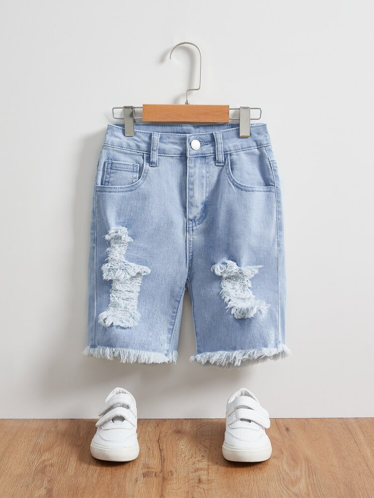 SHEIN Boys Single Button Ripped Raw Hem Bermuda Denim Shorts | SHEIN