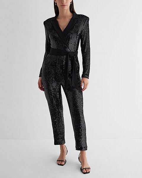 Sequin Long Sleeve Tie Waist Blazer Jumpsuit | Express
