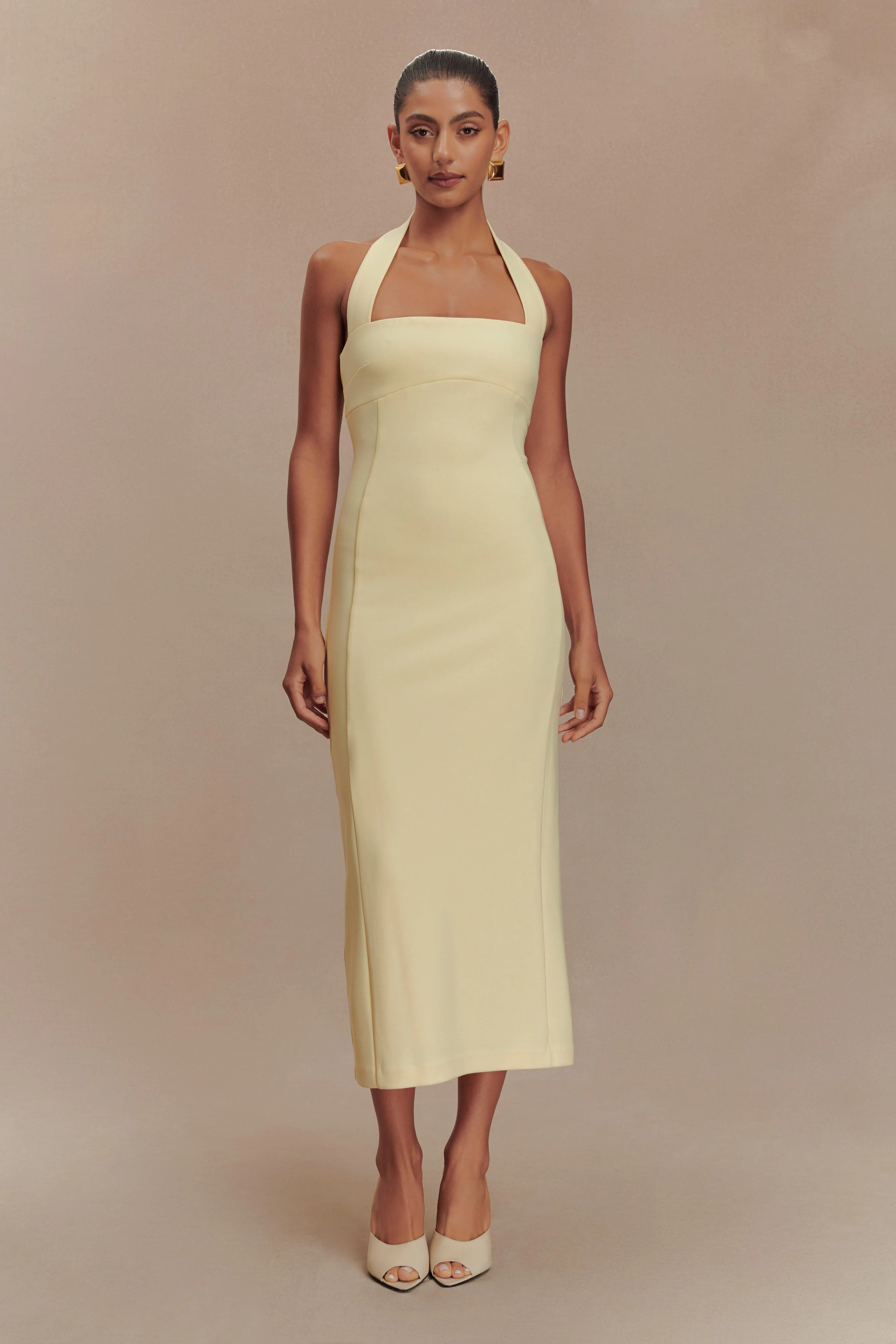 Amelita Suiting Halter Midi Dress - Pale Lemon | MESHKI US