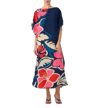 Jalani Floral Printed Silk Crepe Boat Neck Dolman Sleeve Maxi Caftan Dress | Dillard's