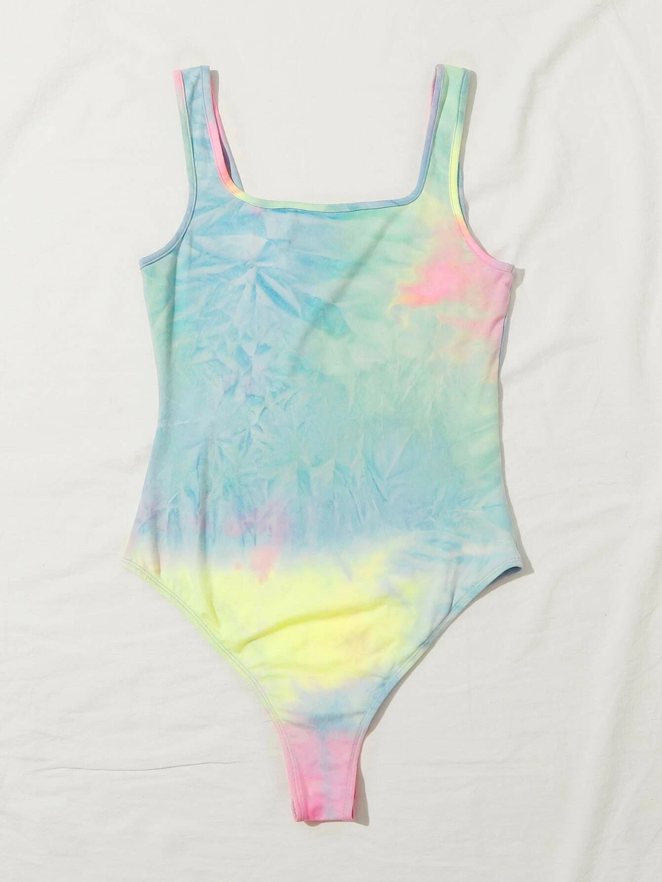 SHEIN EZwear Letter Graphic Tie Dye Tank Bodysuit | SHEIN