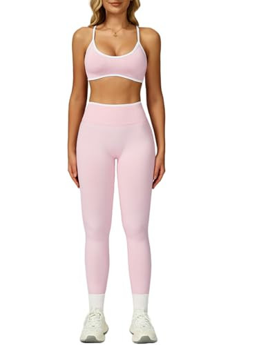 ABOCIW Womens Workout Sets 2 Piece Seamless Color Block Sports Bra Scrunch Butt Lifting High Waist Leggings Gym Set Yoga Pilates Outfits Athletic Work Out Clothes Pink Large | Amazon (US)