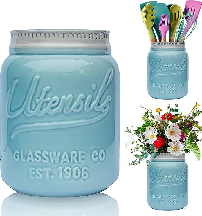 Comfify Wide Mouth Mason Jar Utensil Holder Decorative Kitchenware Organizer Crock, Chip Resistan... | Amazon (US)