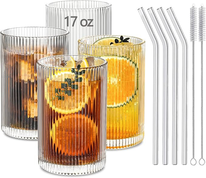 INSETLAN 17oz Ribbed Glassware Set of 4, Glass Cups Large Vintage Glassware Set, Origami Style Co... | Amazon (US)