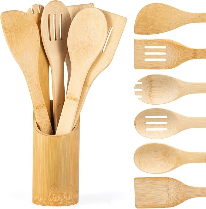 Bamboo Wooden Spoons for Cooking 7 Piece - Bamboo Cooking Utensils Set with Holder Wooden Spoons ... | Amazon (US)
