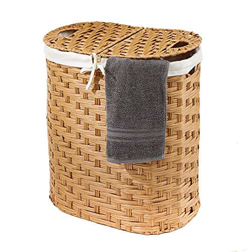 Seville Classics Handwoven Oval Double Lidded Removable Canvas Liner Laundry Sorter Hamper Bin, Natu | Amazon (US)