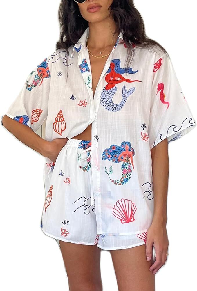 ROAONOCOMO Women Graphic 2 Piece Outfit Short Sleeve Button Down Shirt Printed Lounge Shorts Sets... | Amazon (US)