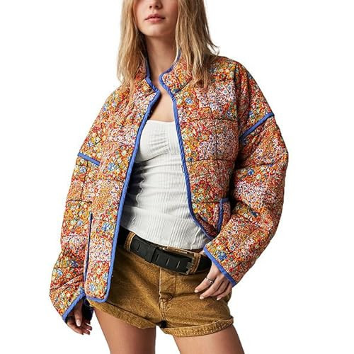 Duyang Women's Cropped Puffer Jacket Lightweight Floral Printed Open Front Quilted Coat Winter Warm Outwear(Yellow,M) | Amazon (US)