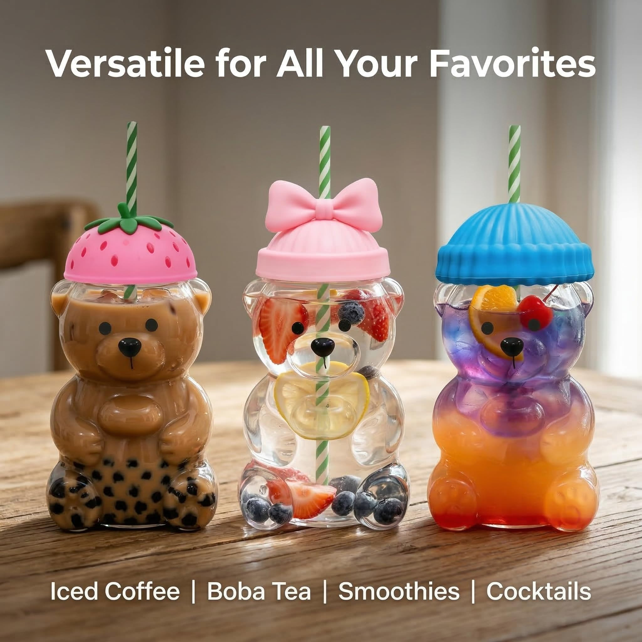 Glass Bear Cup with Straw and Lid, 20oz Cute Teddy Bear Shaped Drinking Tumbler, High Borosilicate Reusable Iced Coffee Mug for Boba Tea, Smoothies, Cocktails, Aesthetic Gift for Women (Pink bow) | Amazon (US)