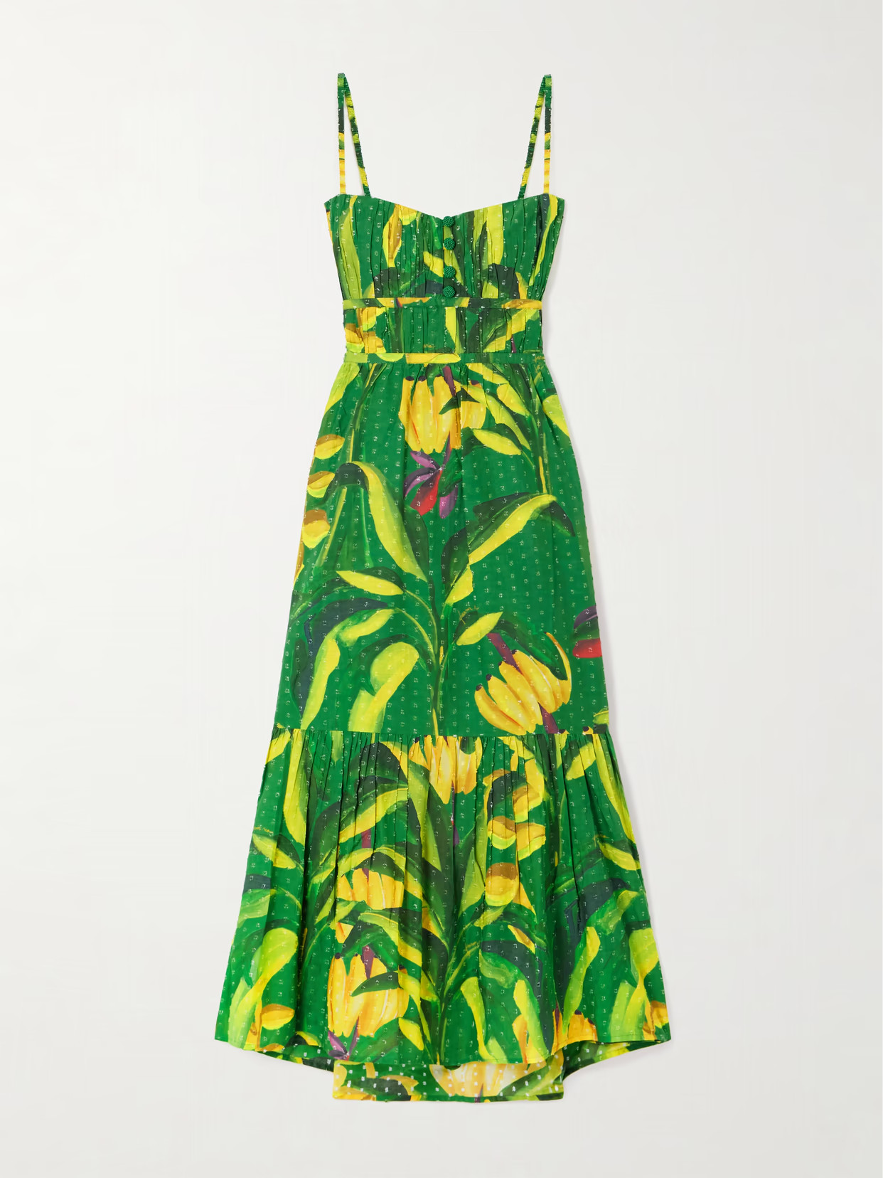 Farm Rio - Banana Aquarela Pleated Printed Swiss-dot Linen Midi Dress - Green | NET-A-PORTER (US)