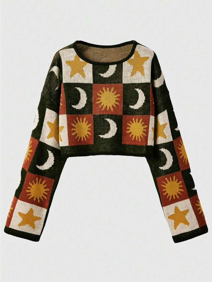 ROMWE Hippie Sun & Moon Pattern Drop Shoulder Crop Sweater | SHEIN