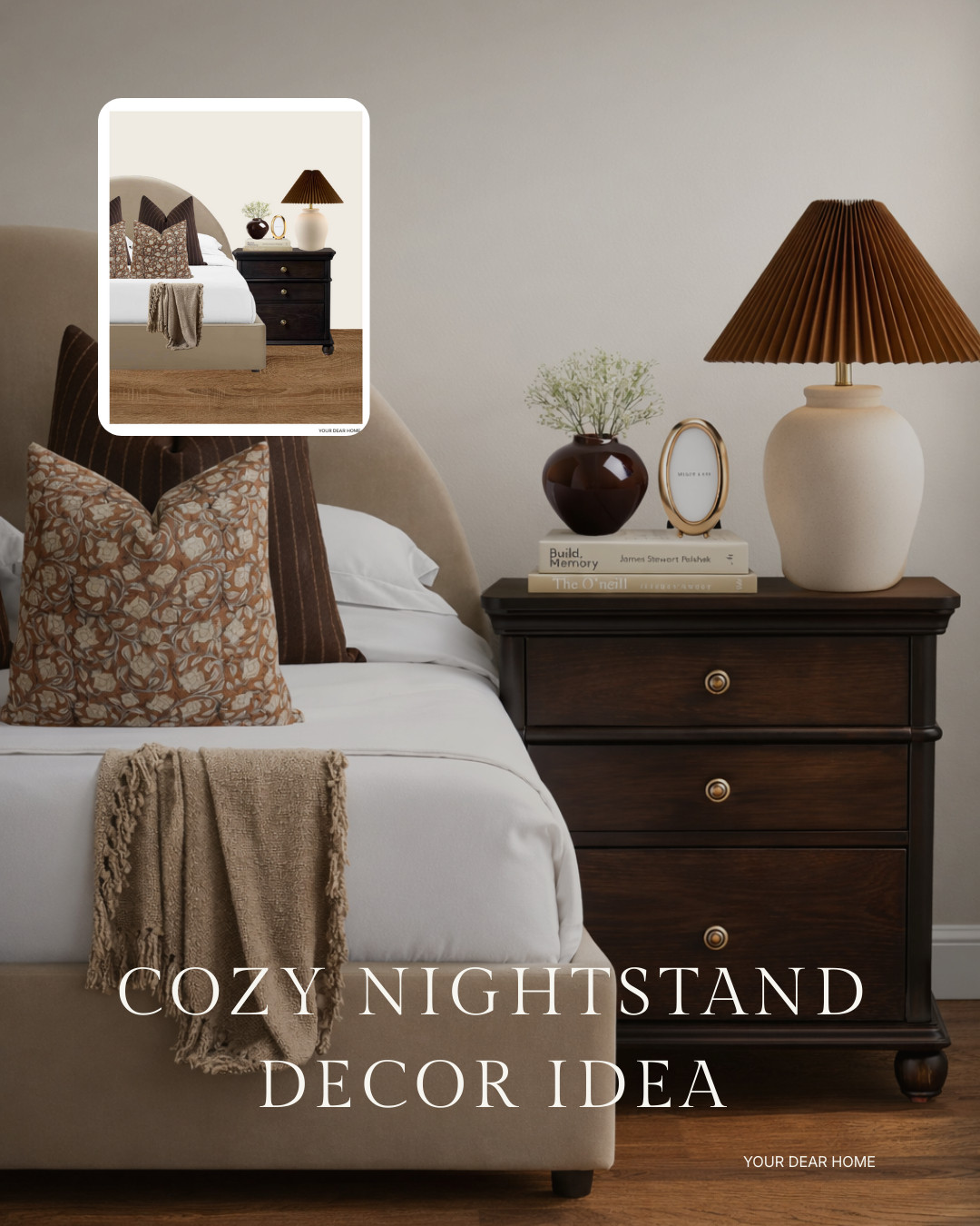Warm, cozy, and perfectly balanced. I love how the darker nightstand anchors the space while soft textures, warm lighting, and a few layered accents keep it feeling inviting not heavy. Proof that cozy can still feel polished! 

 #LTKHome