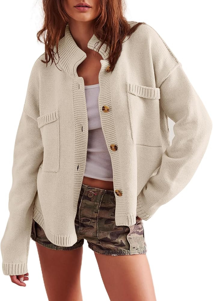 TQD Women's Open Front Button Up Cardigan Sweater Stand Collared Long Sleeve Knit Cardigans with ... | Amazon (US)